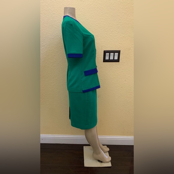 VTG Lady Carol Petites 8P Green With Blue Trim Short Sleeve Blazer 2pc Suit Set - Picture 4 of 14